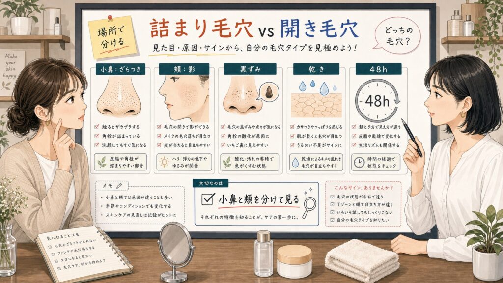 詰まり毛穴と開き毛穴の違いを小鼻のざらつきと頬の影で相談する読者と専門家のアイキャッチ