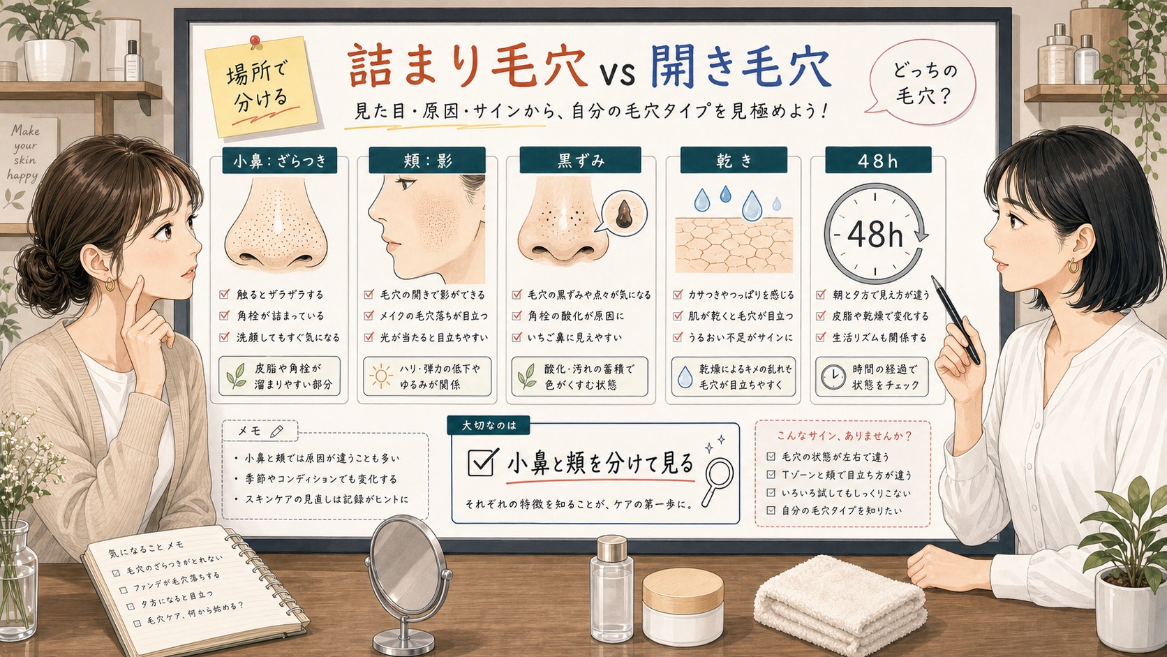 詰まり毛穴と開き毛穴の違いを小鼻のざらつきと頬の影で相談する読者と専門家のアイキャッチ