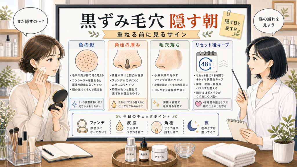 黒ずみ毛穴を隠す朝にファンデ前のサインとリセット後の保ち方を整理するチョコブラ式アイキャッチ