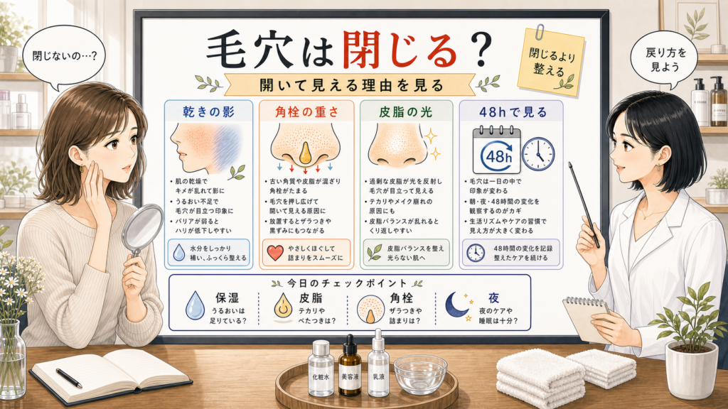 毛穴は閉じるのかを開いて見える理由と戻り方で整理するチョコブラ式アイキャッチ