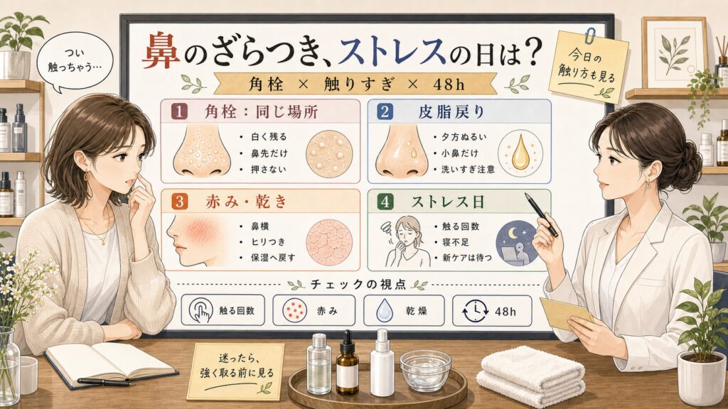 鼻のざらつきとストレス日の触りすぎを角栓・赤み・乾燥・48時間で整理する1433型相談ボード