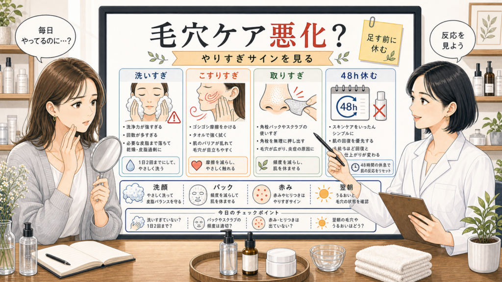 毛穴ケアで悪化するサインを洗いすぎこすりすぎ取りすぎで整理するチョコブラ式アイキャッチ