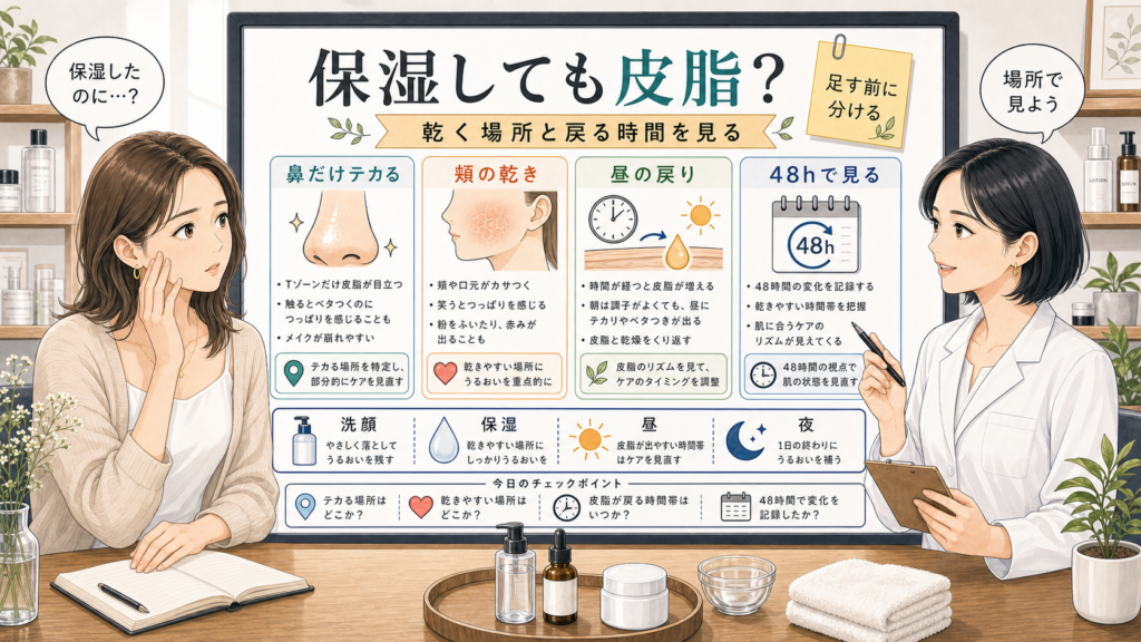 保湿しても皮脂が出る悩みを乾く場所と皮脂が戻る時間で整理するチョコブラ式アイキャッチ