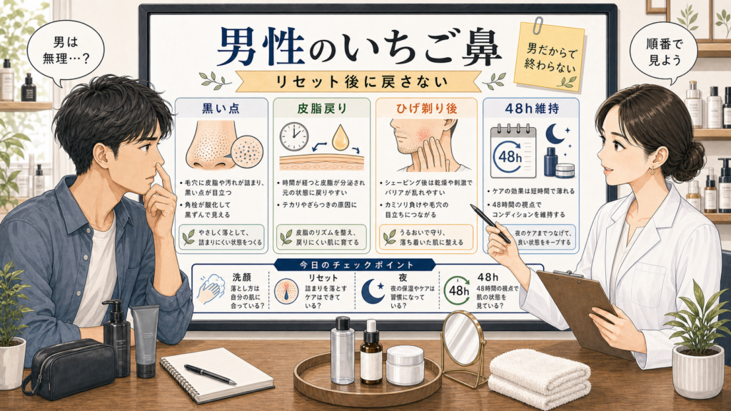 男性のいちご鼻改善を黒い点、皮脂戻り、ひげ剃り後、48時間維持で整理するチョコブラ式アイキャッチ
