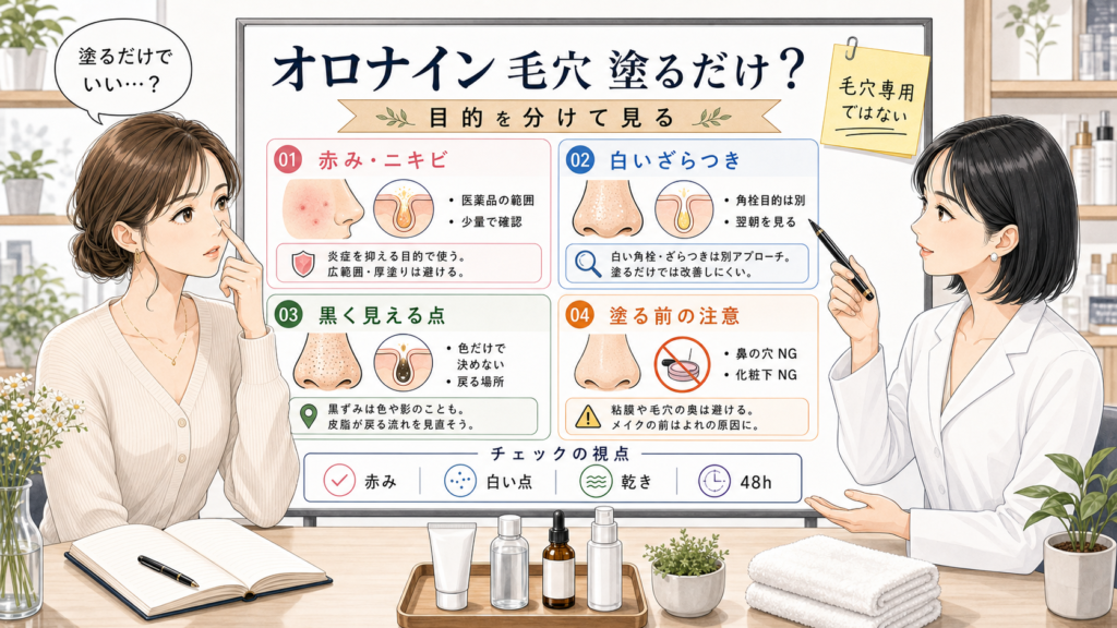 オロナインを毛穴に塗るだけでよいかを赤みや白いざらつきで見分ける判断ボード