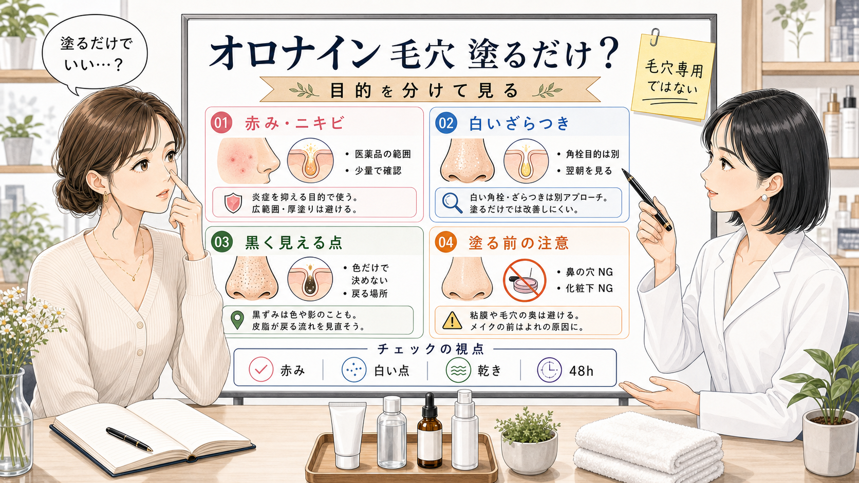 オロナインを毛穴に塗るだけでよいかを赤みや白いざらつきで見分ける判断ボード