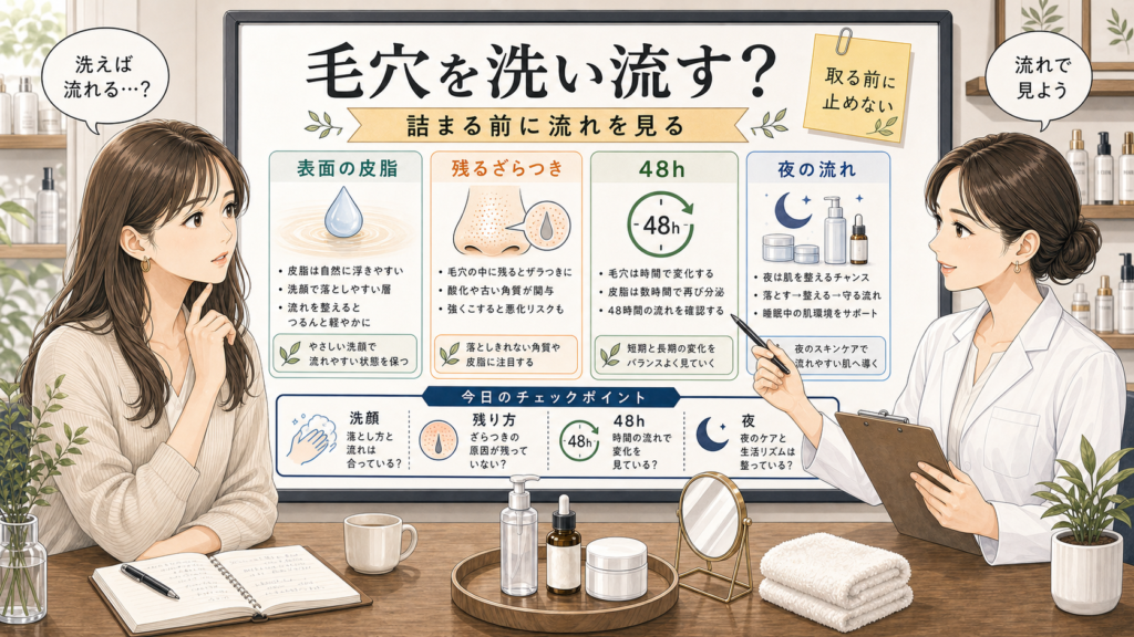 毛穴を洗い流す考え方を表面の皮脂、残るざらつき、48時間、夜の流れで整理するチョコブラ式アイキャッチ