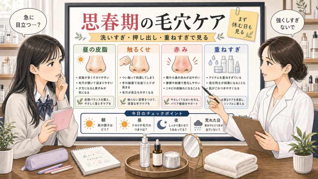 思春期の毛穴ケアを昼の皮脂、触るくせ、赤み、重ねすぎで整理するチョコブラ式アイキャッチ