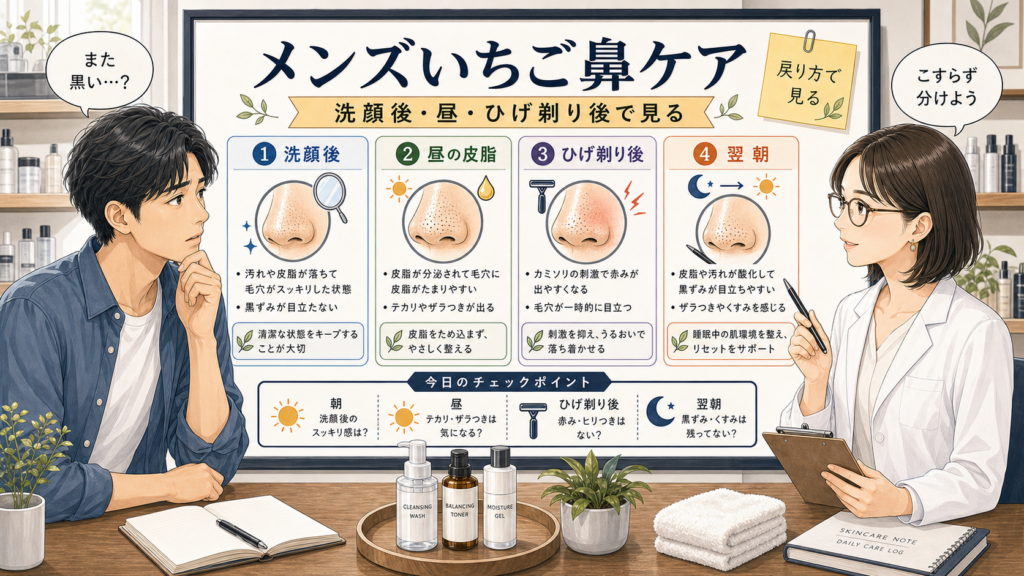 メンズのいちご鼻ケアを、洗顔後・昼の皮脂・ひげ剃り後・翌朝で整理するチョコブラ式アイキャッチ