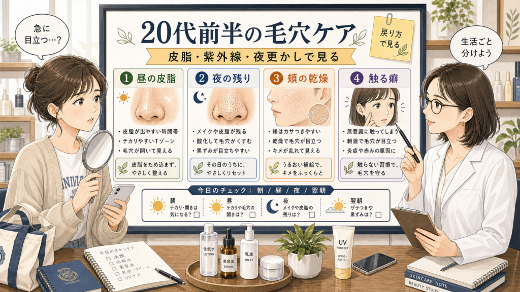 20代前半の毛穴ケアを、昼の皮脂・夜の残り・頬の乾燥・触る癖で整理するチョコブラ式アイキャッチ