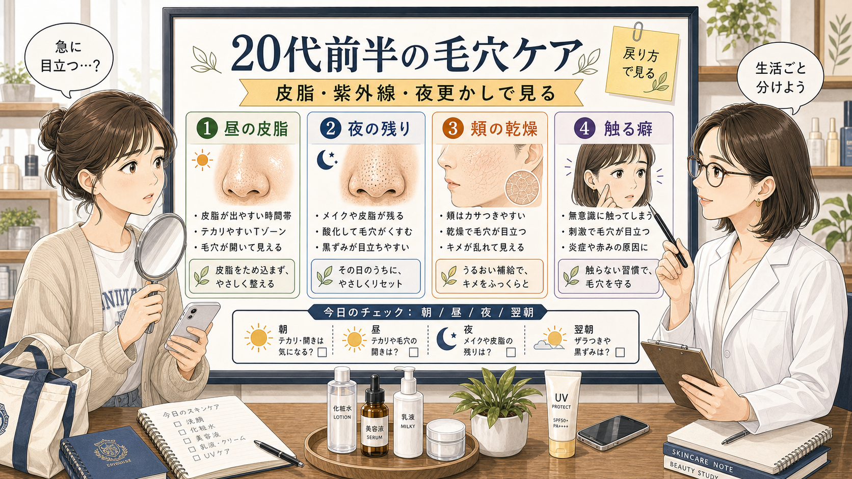 20代前半の毛穴ケアを、昼の皮脂・夜の残り・頬の乾燥・触る癖で整理するチョコブラ式アイキャッチ