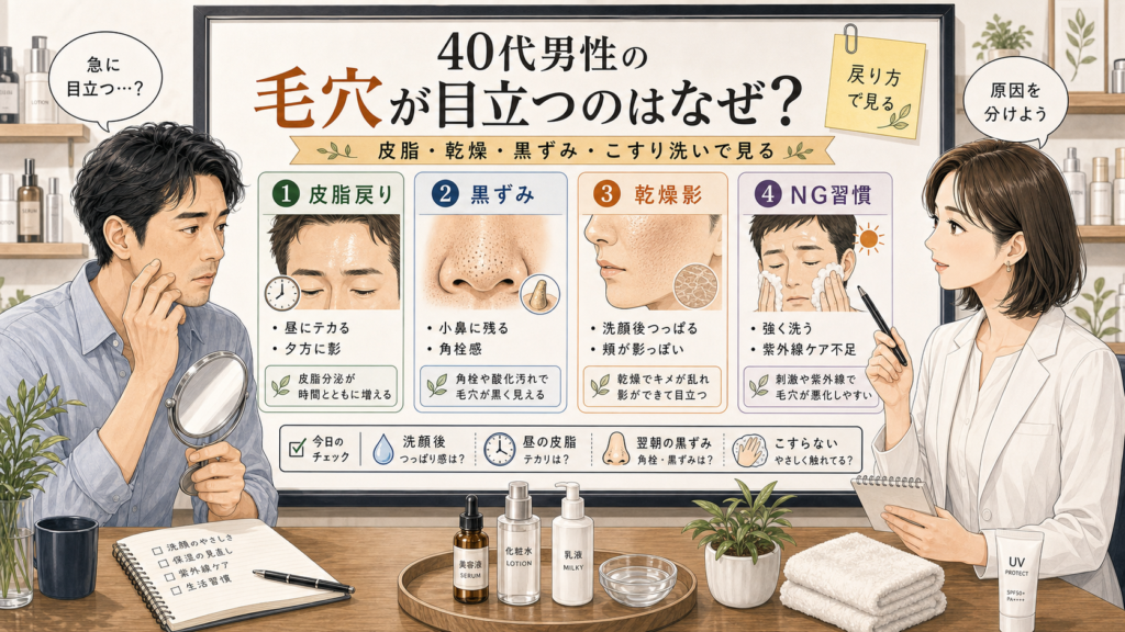 40代男性の毛穴が目立つ原因を、皮脂戻り・黒ずみ・乾燥影・NG習慣に分けて確認するチョコブラ式アイキャッチ