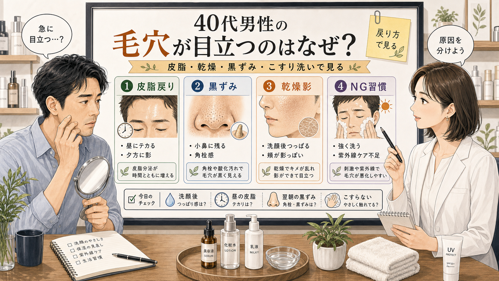 40代男性の毛穴が目立つ原因を、皮脂戻り・黒ずみ・乾燥影・NG習慣に分けて確認するチョコブラ式アイキャッチ