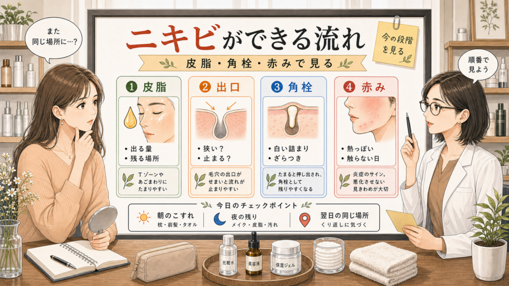 ニキビができるメカニズムを皮脂・角栓・赤みで整理するアイキャッチ