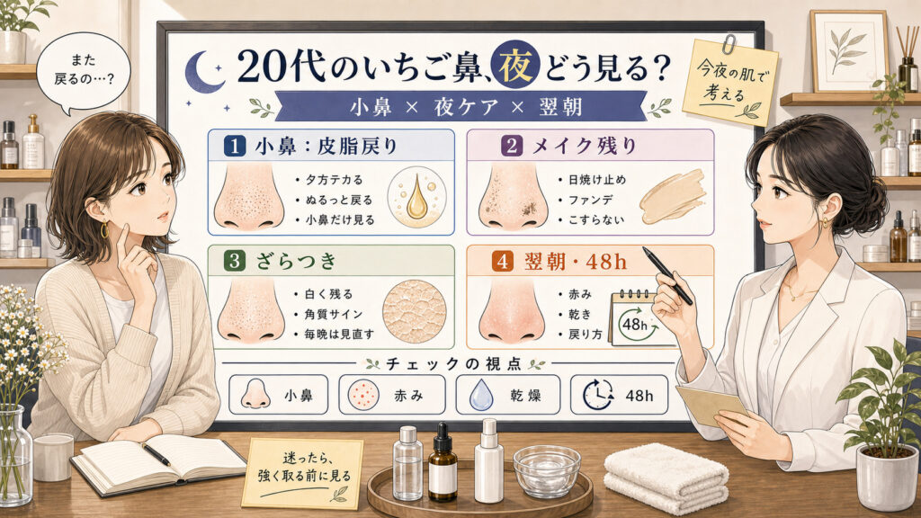 20代のいちご鼻を夜ケアと翌朝の戻り方で整理する1433型相談ボード