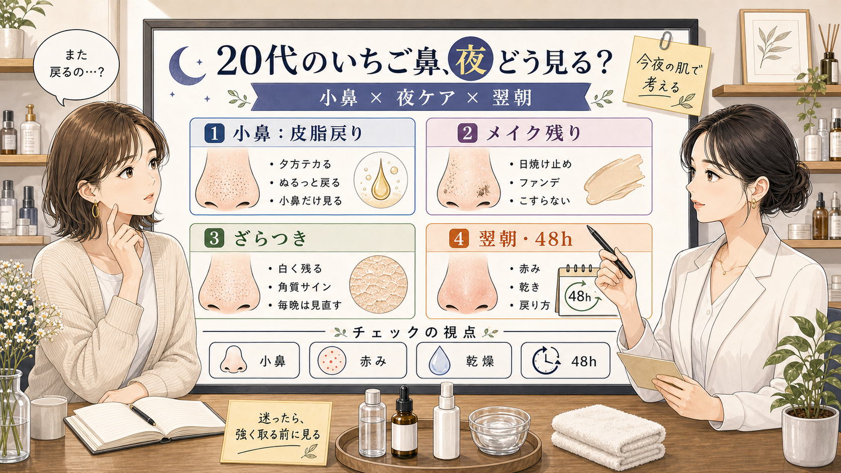 20代のいちご鼻を夜ケアと翌朝の戻り方で整理する1433型相談ボード