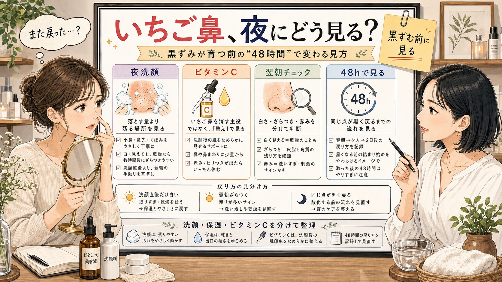 いちご鼻を夜洗顔、ビタミンC、翌朝チェック、48時間の戻り方で整理する図解