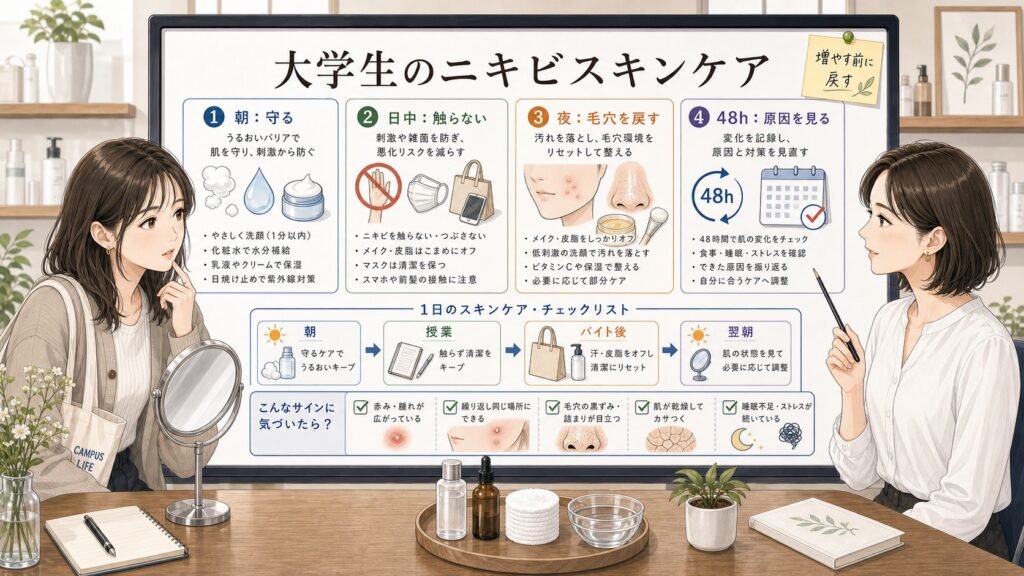 大学生のニキビスキンケアを朝日中夜48時間で整理する解説ボード