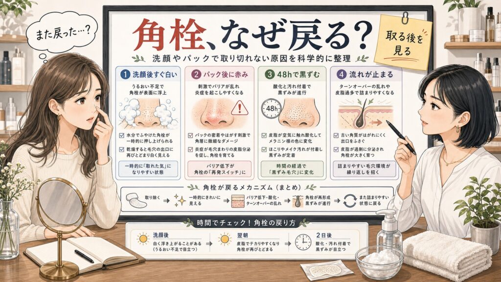 毛穴の角栓が洗顔やパック後に戻る原因を整理する美容相談イラスト