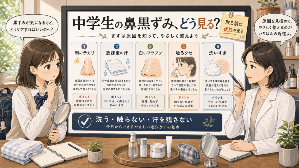 中学生の鼻の黒ずみを洗顔・汗・触るクセで整理するアイキャッチ