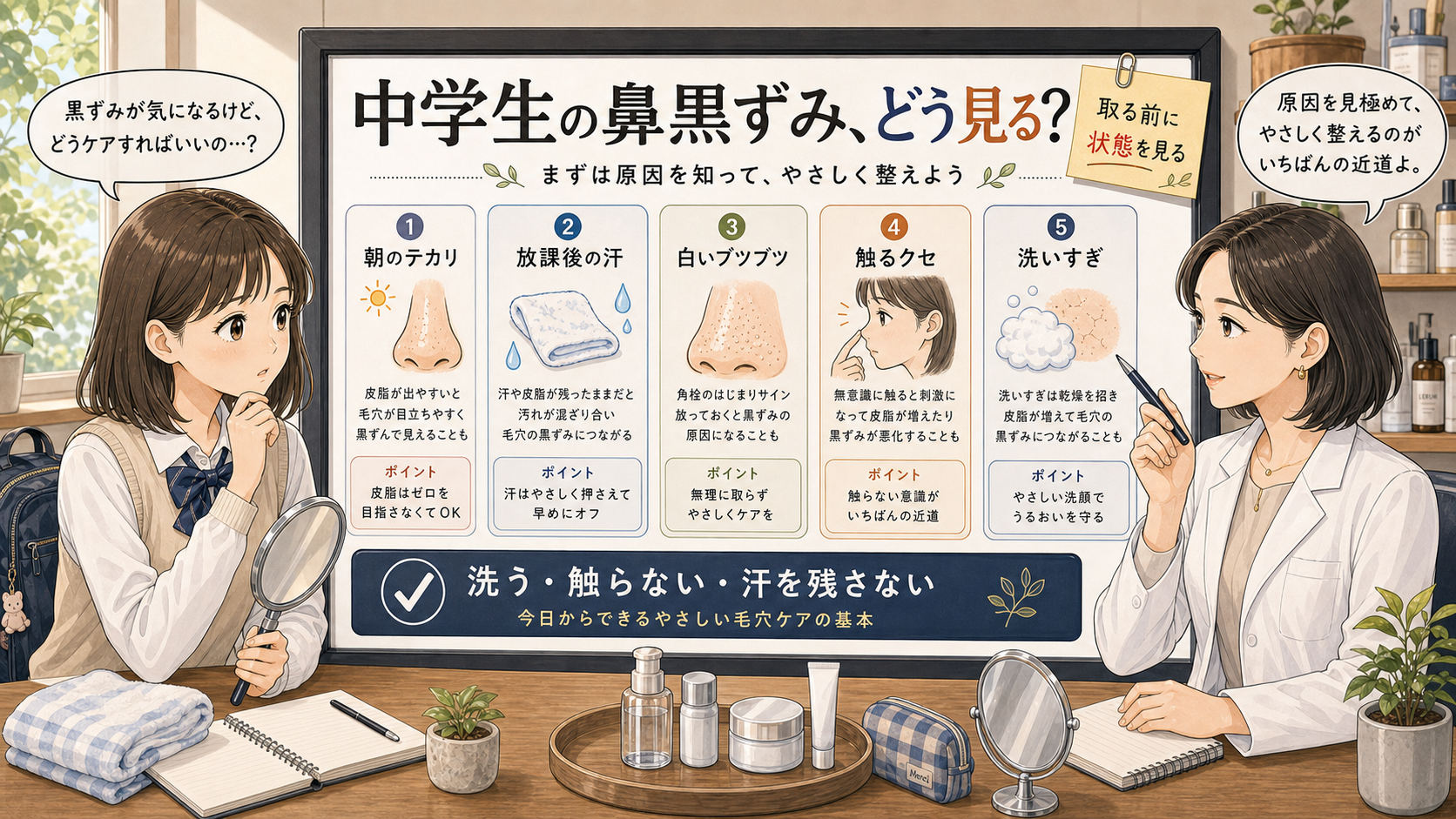 中学生の鼻の黒ずみを洗顔・汗・触るクセで整理するアイキャッチ