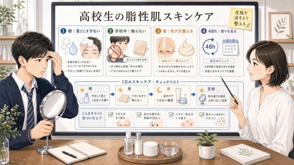 高校生の脂性肌スキンケアを朝学校中夜48時間で整理する解説ボード