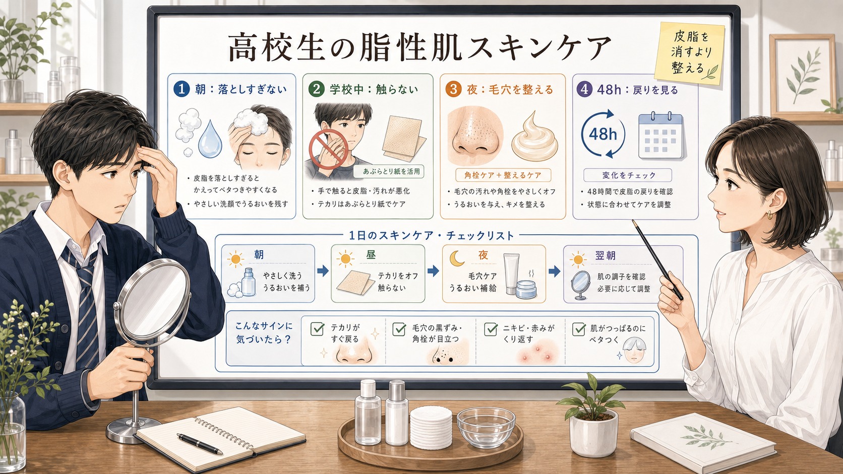高校生の脂性肌スキンケアを朝学校中夜48時間で整理する解説ボード