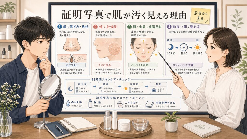 証明写真で肌が汚く見える原因を毛穴と皮脂で整理する男子大学生向け解説ボード