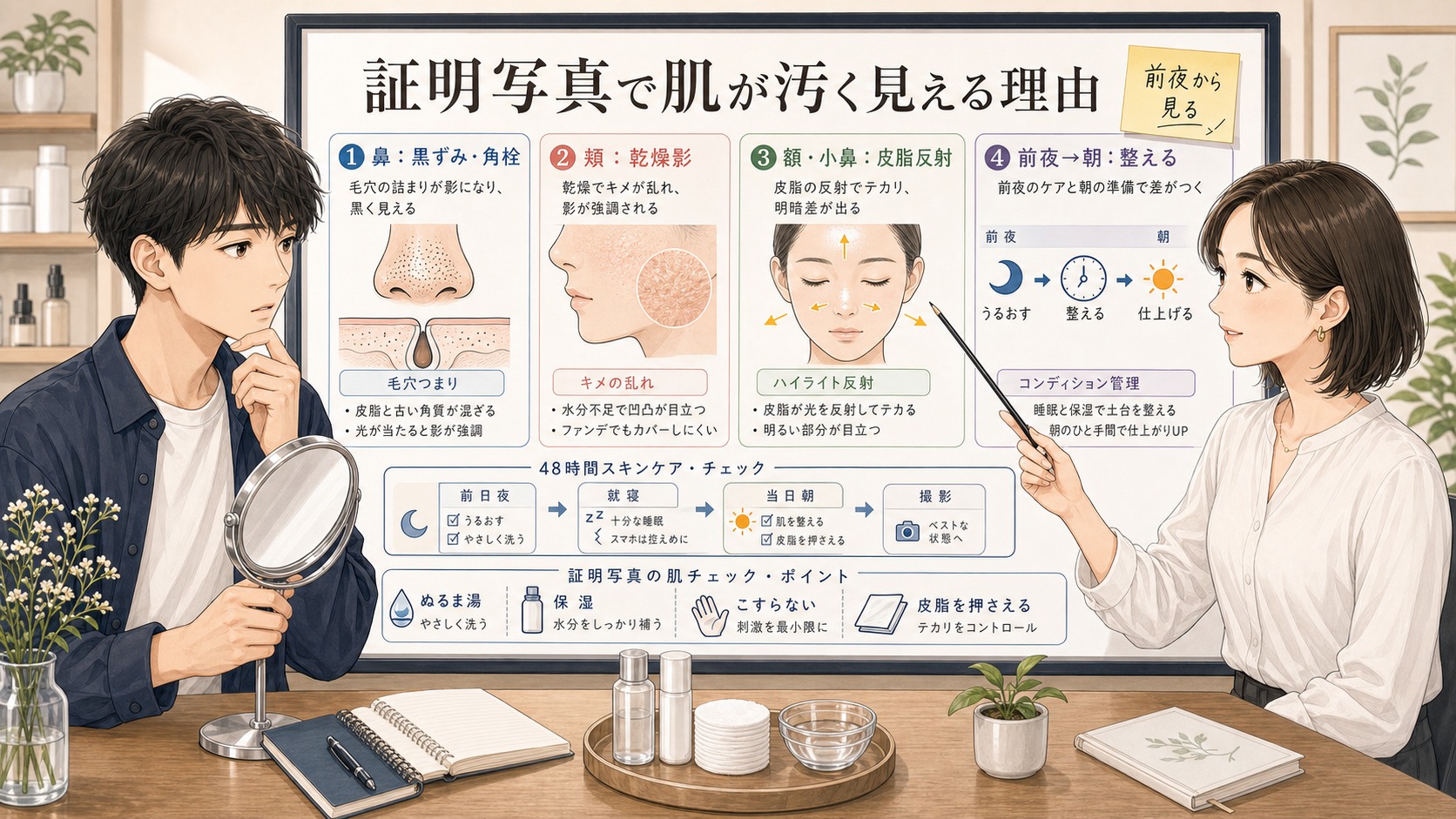 証明写真で肌が汚く見える原因を毛穴と皮脂で整理する男子大学生向け解説ボード