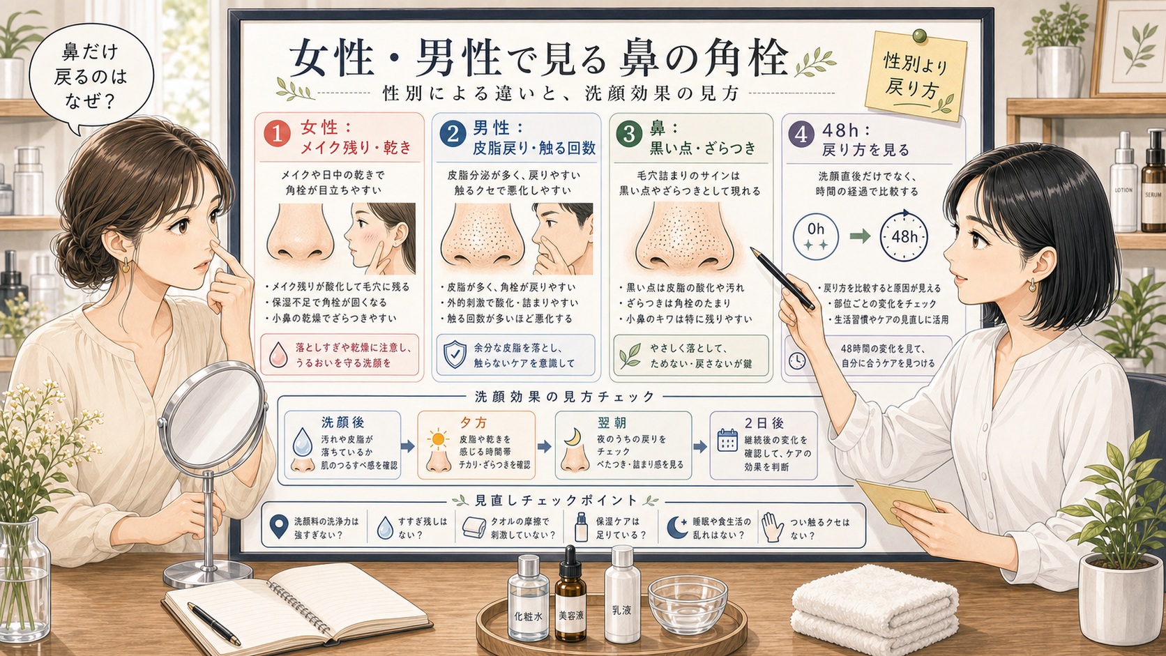 女性と男性で鼻の角栓ケアは違う?洗顔効果の見方