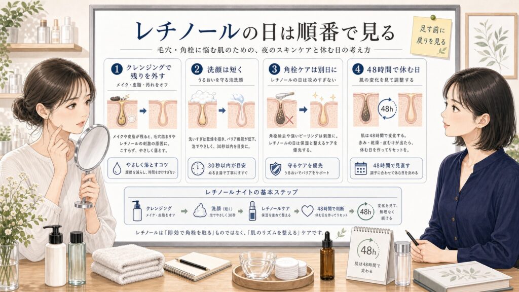 レチノール使用日の毛穴角栓ケアをクレンジング、短い洗顔、別日の角栓ケア、48時間の休み判断で整理した1433基準の半写実美容メディア風イラスト