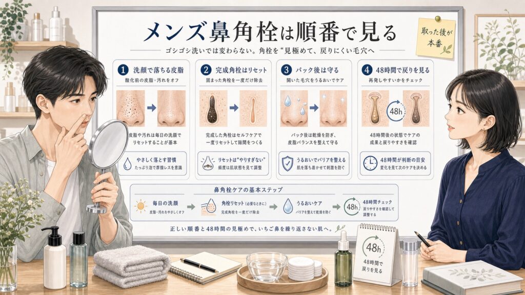 男性の鼻角栓を洗顔、完成角栓リセット、パック後の保護、48時間の戻り方で整理した1433基準の半写実美容メディア風イラスト
