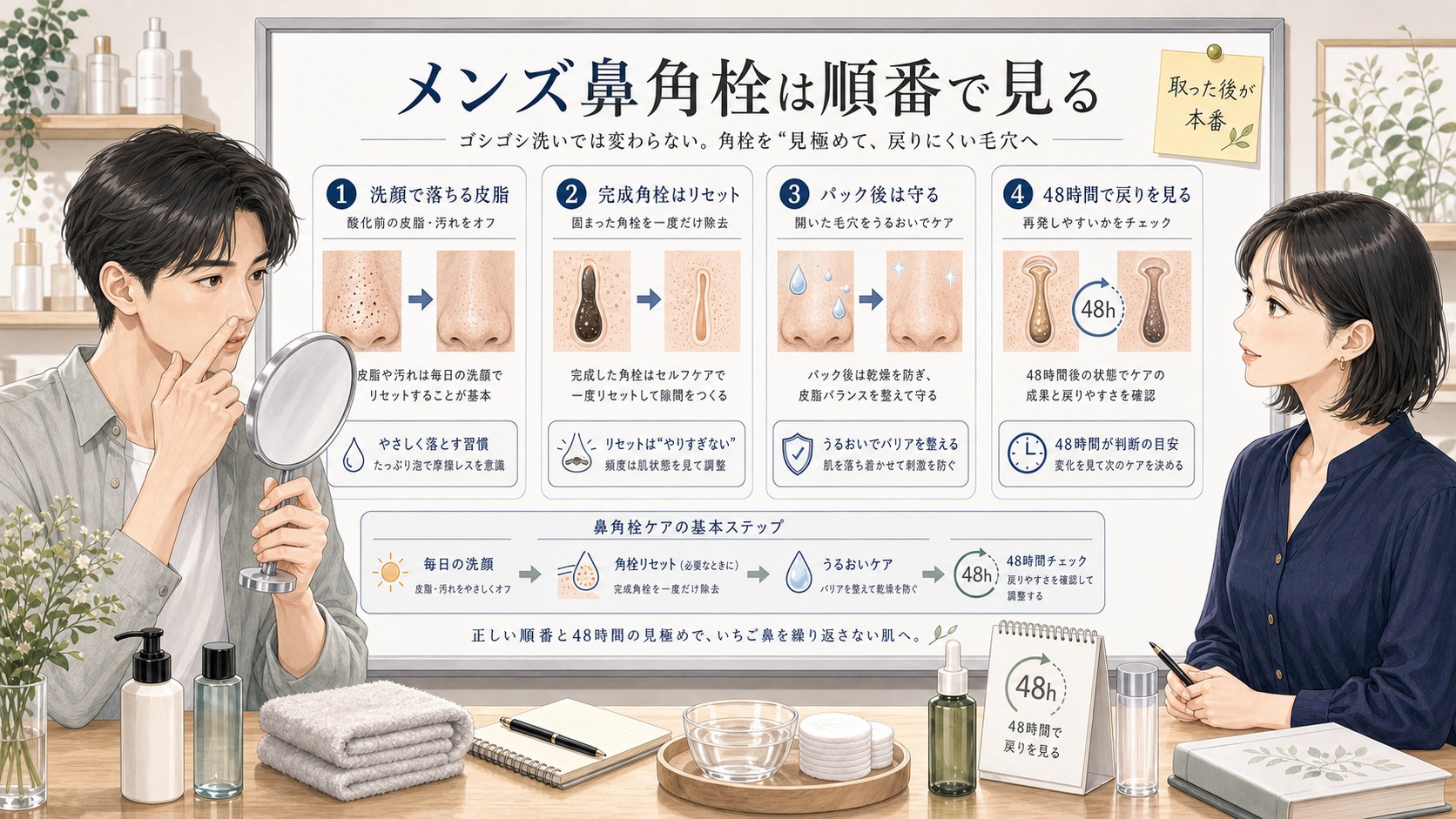 男性の鼻角栓を洗顔、完成角栓リセット、パック後の保護、48時間の戻り方で整理した1433基準の半写実美容メディア風イラスト