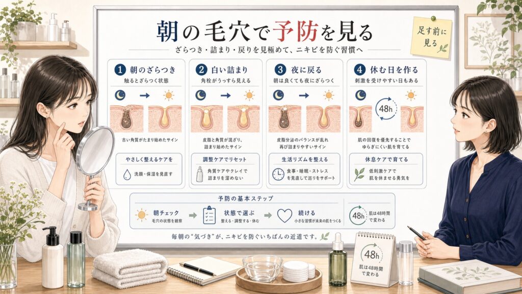 朝の毛穴、白い詰まり、夜に戻るざらつき、休む日の判断で高校生や大学生のニキビ予防を整理した1433基準の半写実美容メディア風イラスト