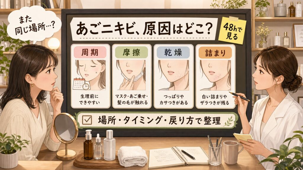 あごニキビの原因を周期・摩擦・乾燥・詰まりと48時間の戻り方で確認する美容相談ボード