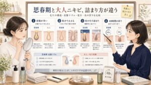 思春期ニキビと大人ニキビを皮脂リズム、乾き、夜の毛穴詰まり、48時間の戻り方で比較した1433基準の半写実美容メディア風イラスト