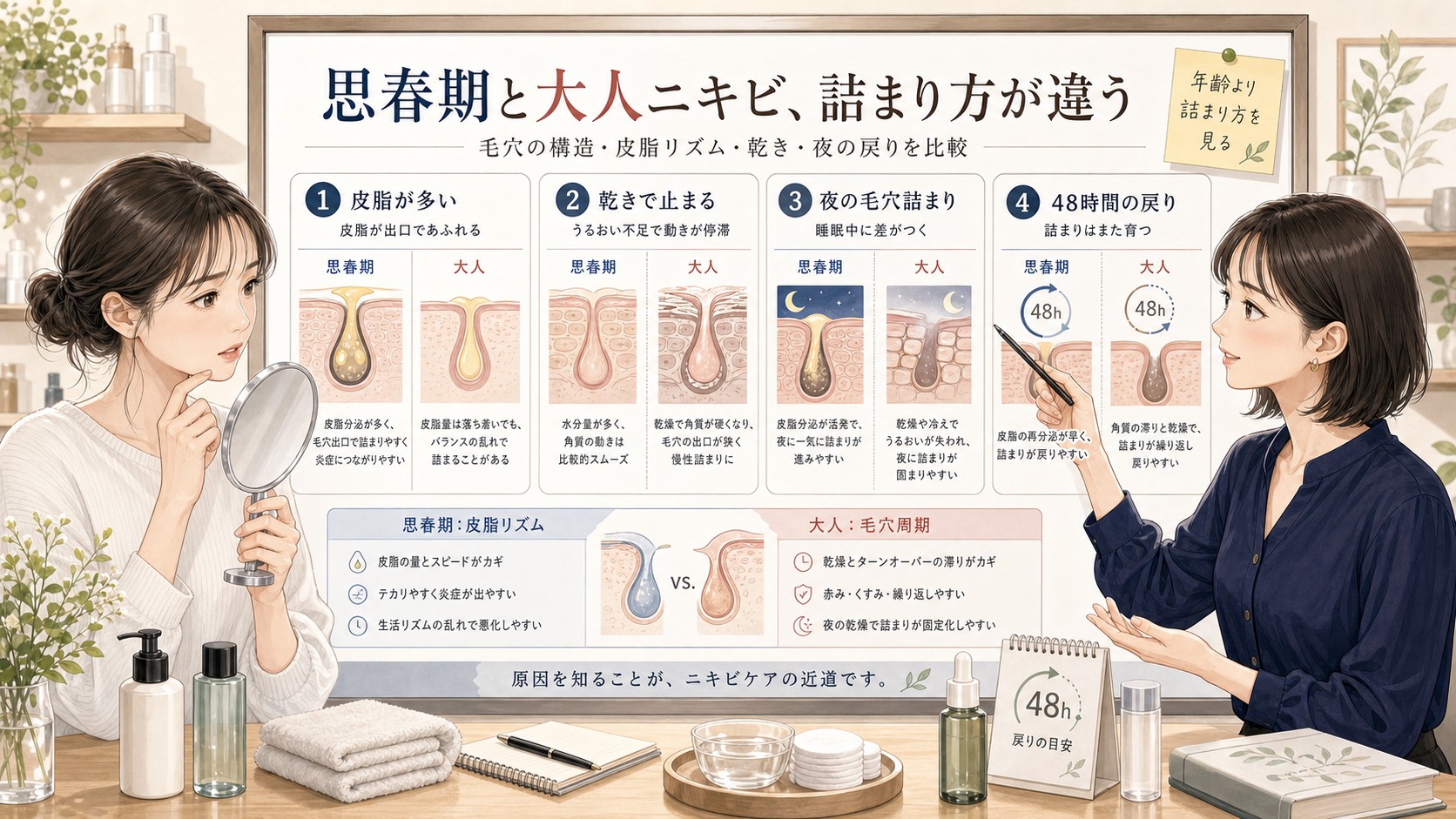 思春期ニキビと大人ニキビを皮脂リズム、乾き、夜の毛穴詰まり、48時間の戻り方で比較した1433基準の半写実美容メディア風イラスト