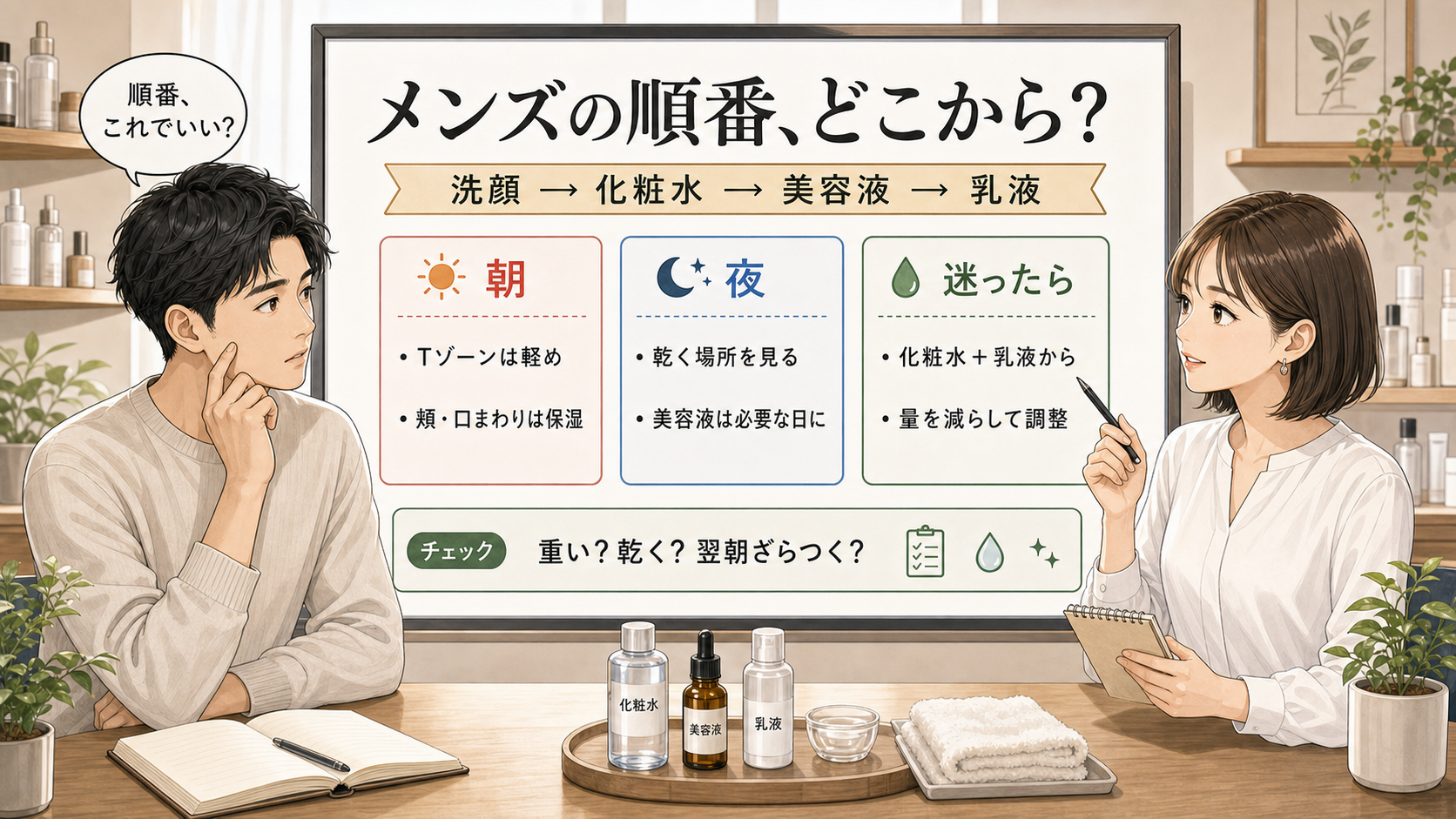 メンズの化粧水・美容液・乳液の順番を朝夜で整理するアイキャッチ