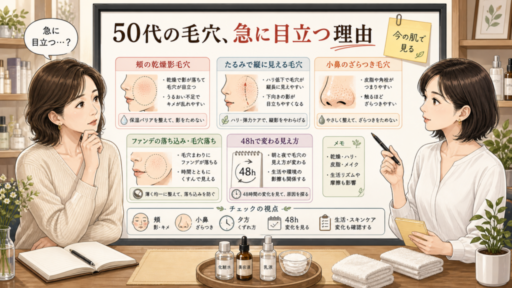 50代女性の毛穴が急に目立つ理由を頬・小鼻・夕方の見え方で整理する美容相談ボード