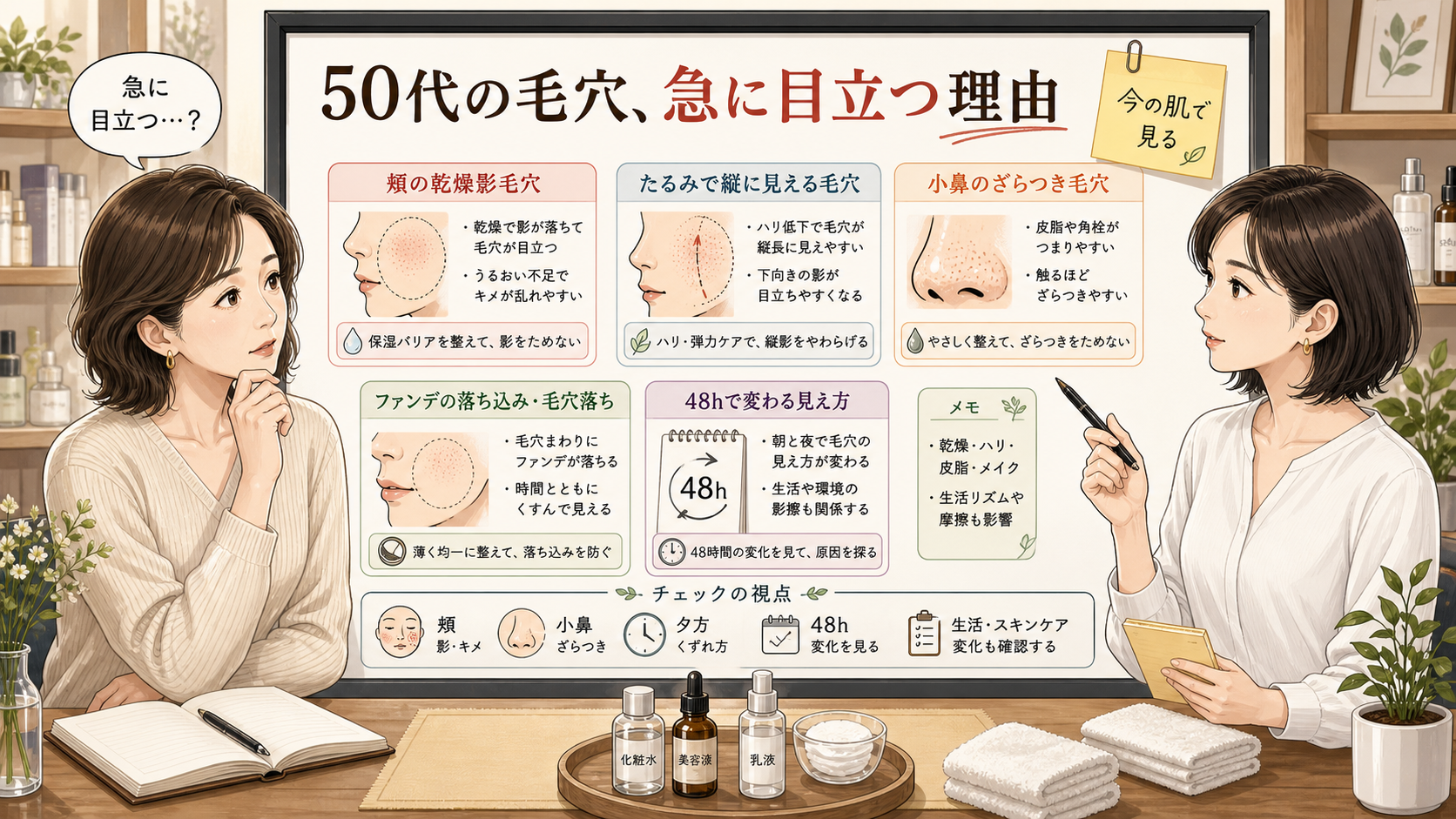 50代女性の毛穴が急に目立つ理由を頬・小鼻・夕方の見え方で整理する美容相談ボード