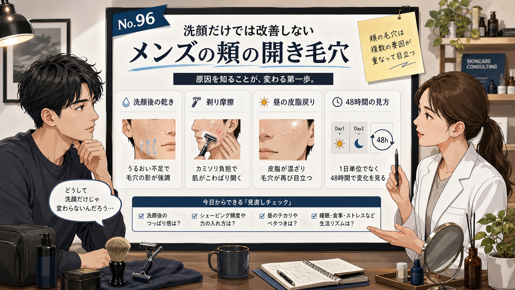 メンズの頬毛穴が洗顔だけで改善しない理由として、洗顔後の乾き・シェービング摩擦・昼の皮脂戻り・48時間の見方を相談形式で整理した美容メディア風イラスト