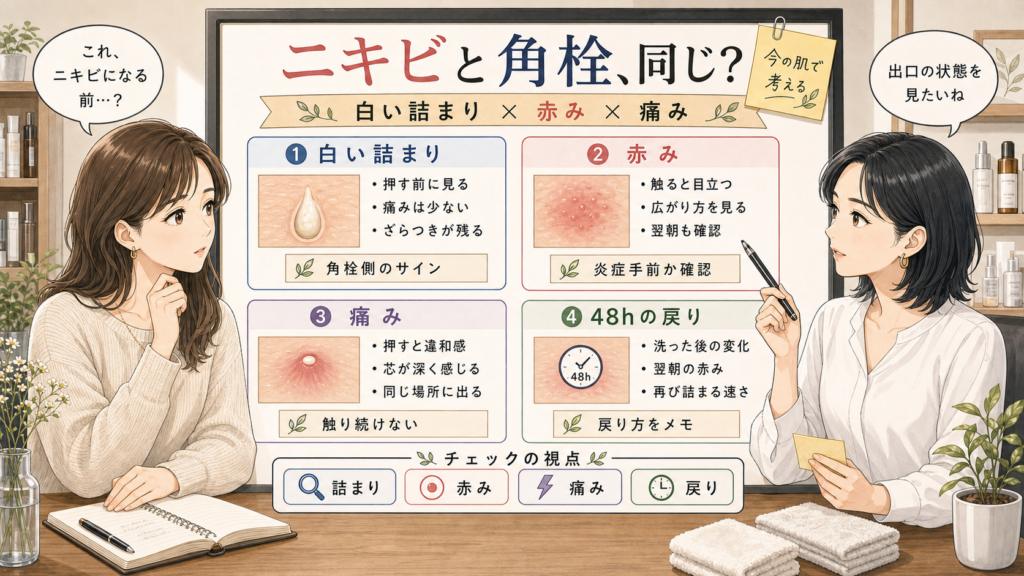 ニキビと角栓の違いを白い詰まり、赤み、痛み、48時間の戻り方で整理する美容相談アイキャッチ