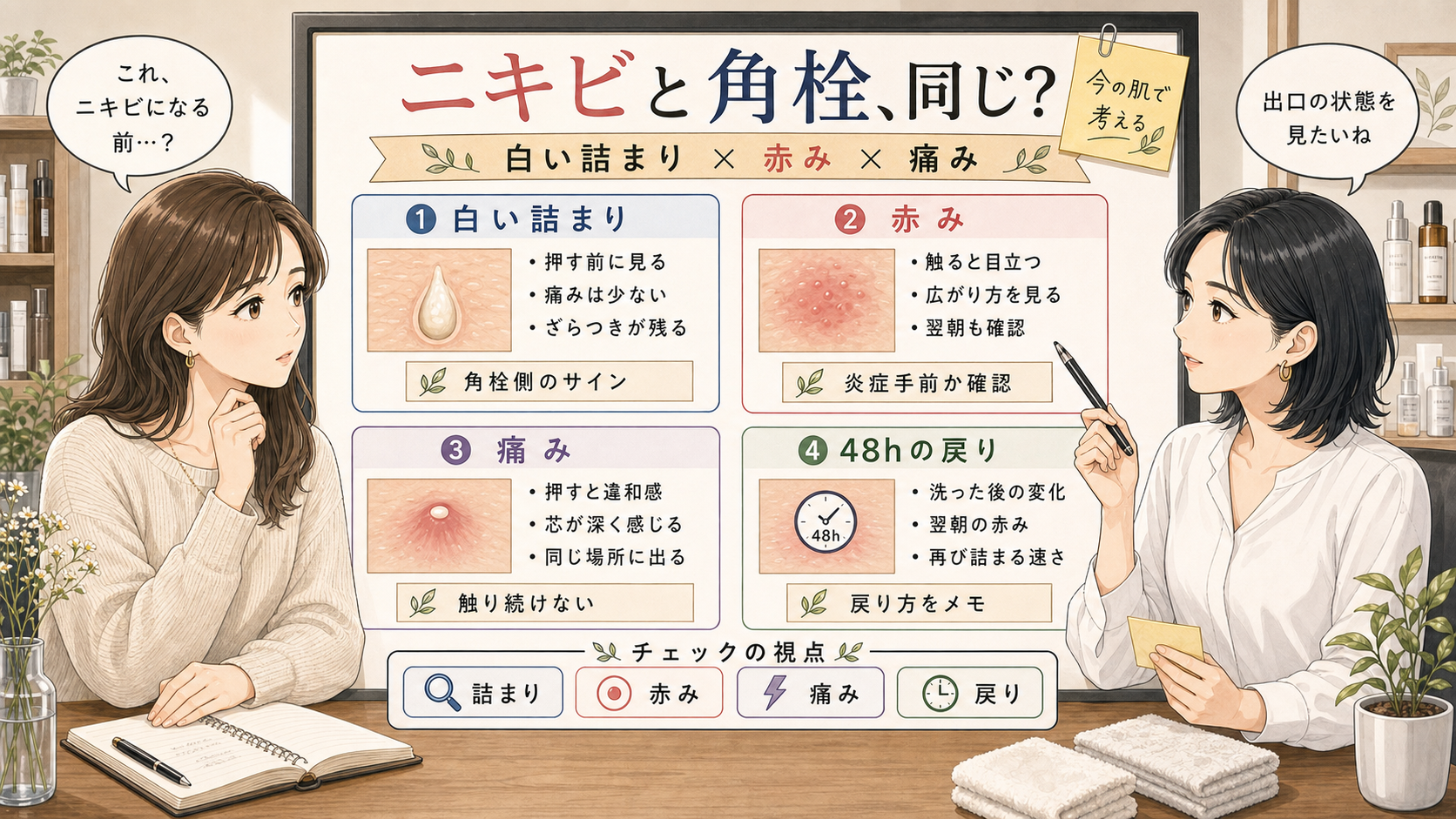 ニキビと角栓の違いを白い詰まり、赤み、痛み、48時間の戻り方で整理する美容相談アイキャッチ