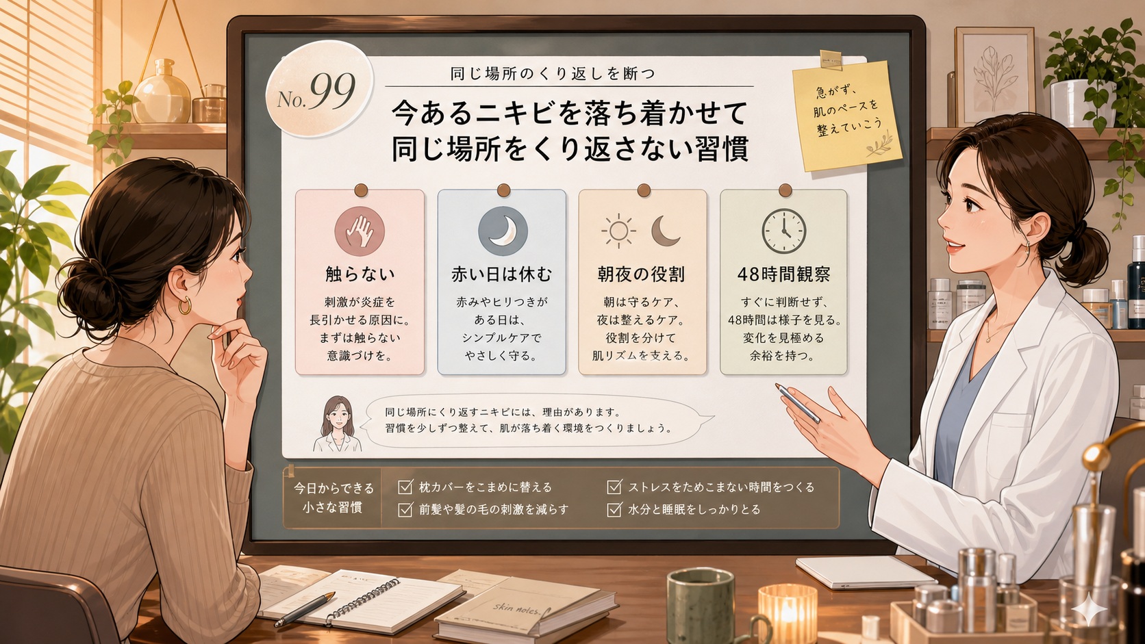 今あるニキビを落ち着かせて同じ場所に繰り返さないため、触らない・赤い日は休む・朝夜の役割・48時間観察を相談形式で整理した美容メディア風イラスト