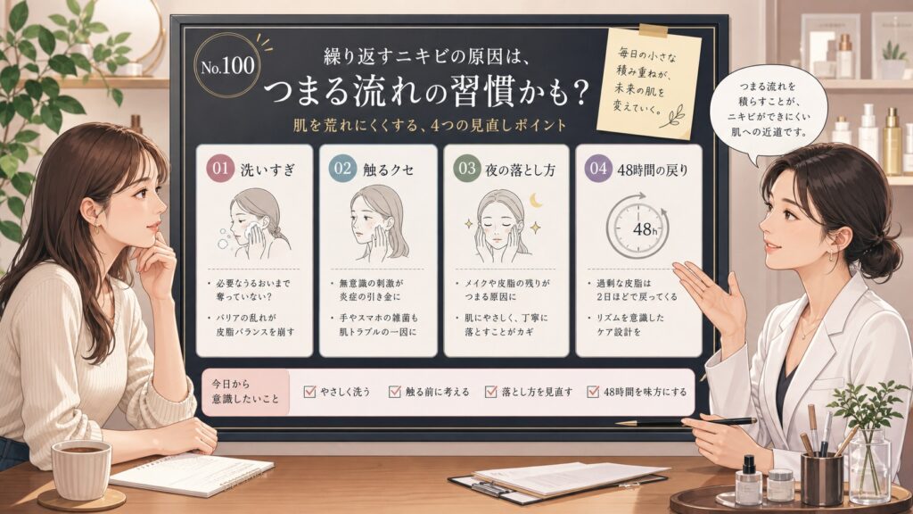 ニキビができにくい肌に近づくため、洗いすぎ・触るクセ・夜の落とし方・48時間の戻りを相談形式で整理した美容メディア風イラスト
