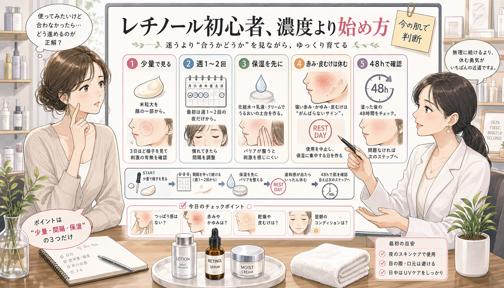 レチノール初心者が少量・頻度・保湿・休むサインを確認する美容相談ボードのイラスト