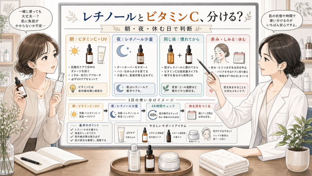 レチノールとビタミンCを朝・夜・休む日で使い分ける美容相談ボードのイラスト