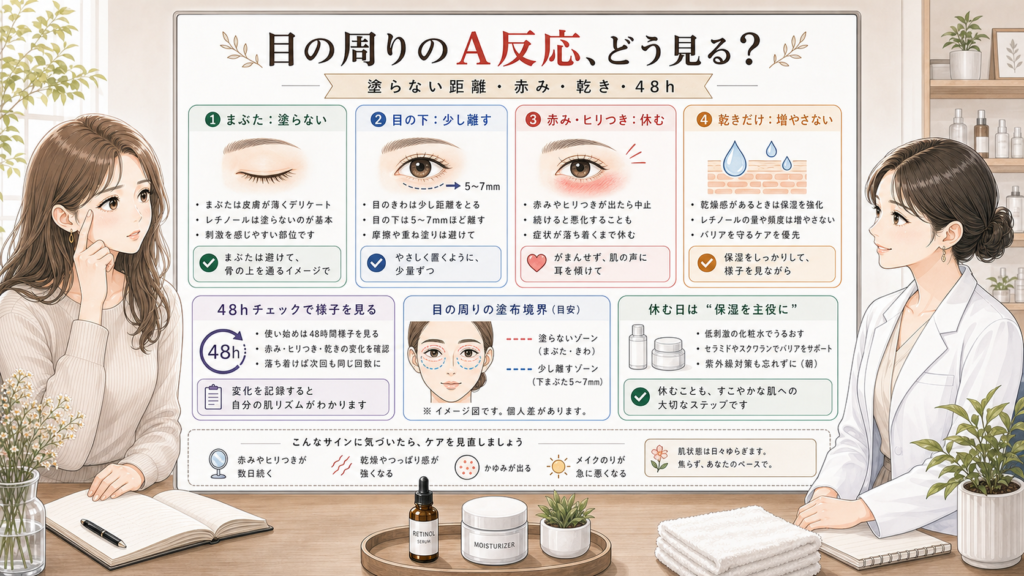 レチノールA反応で目の周りの赤みや乾きを確認し、塗らない距離と48時間チェックを整理する美容相談ボードのイラスト