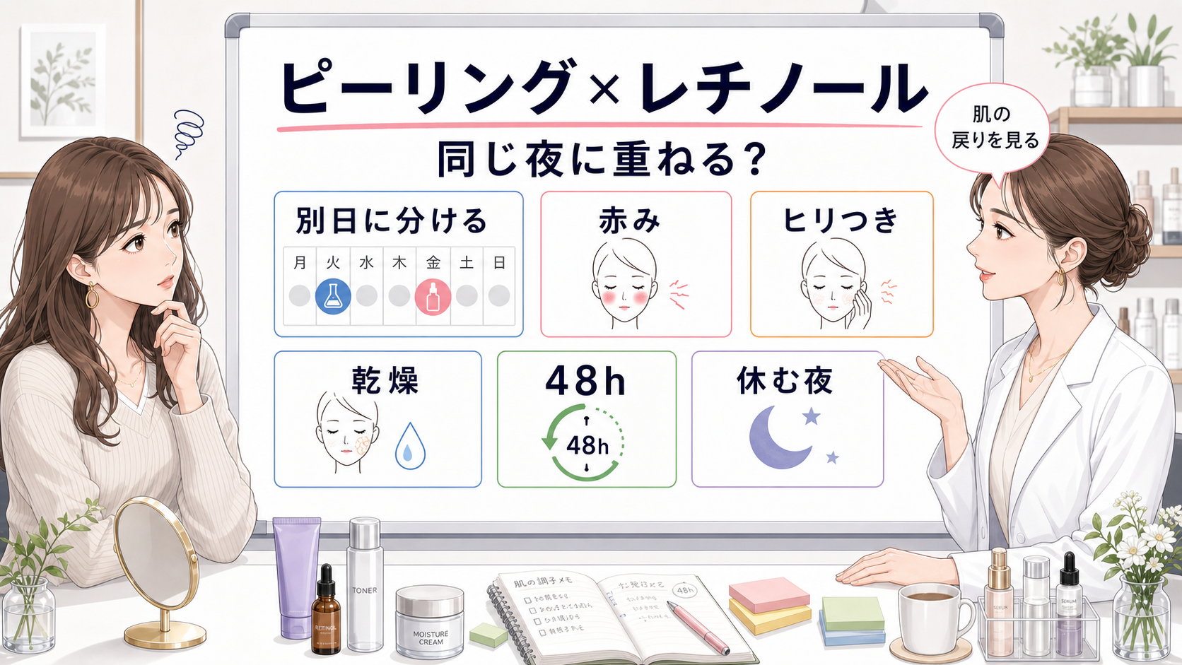 ピーリングとレチノール併用時の分け方を示す判断マップ
