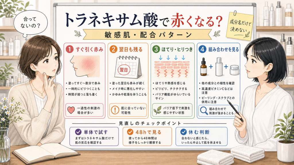 トラネキサム酸で赤くなる時の見分け方を示す美容メディア風アイキャッチ